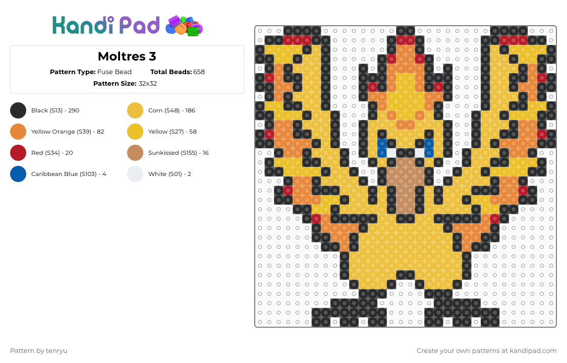 Moltres 3 - Fuse Bead Pattern by tenryu on Kandi Pad - black,yellow,orange