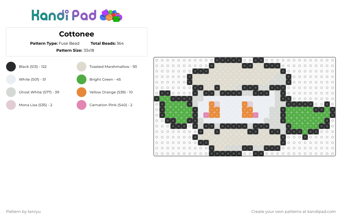 Cottonee - Fuse Bead Pattern by tenryu on Kandi Pad - green,beige,pokemon