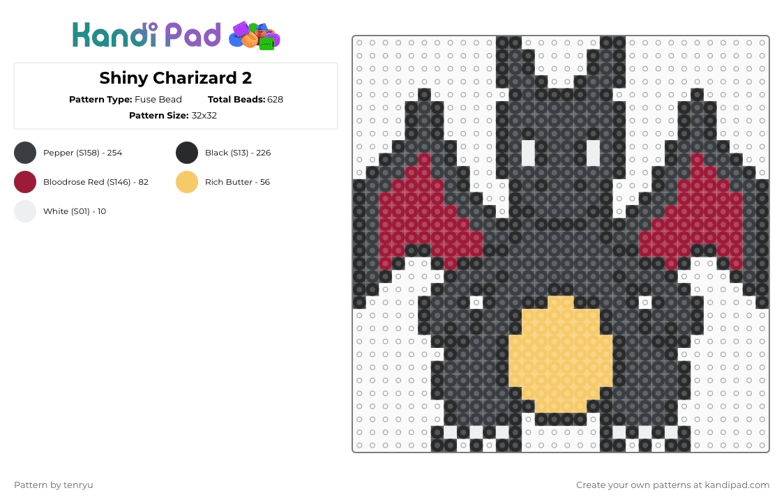 Shiny Charizard 2 - Fuse Bead Pattern by tenryu on Kandi Pad - black,red,yellow
