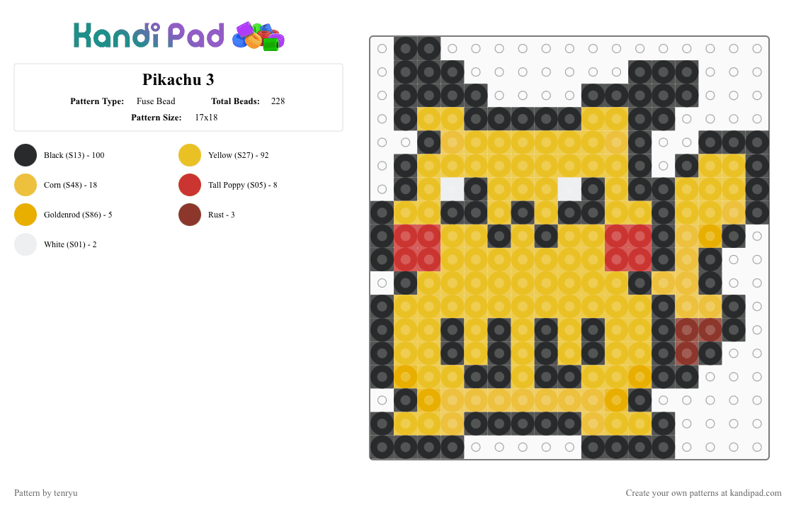 Pikachu 3 - Fuse Bead Pattern by tenryu on Kandi Pad - yellow,pokemon
