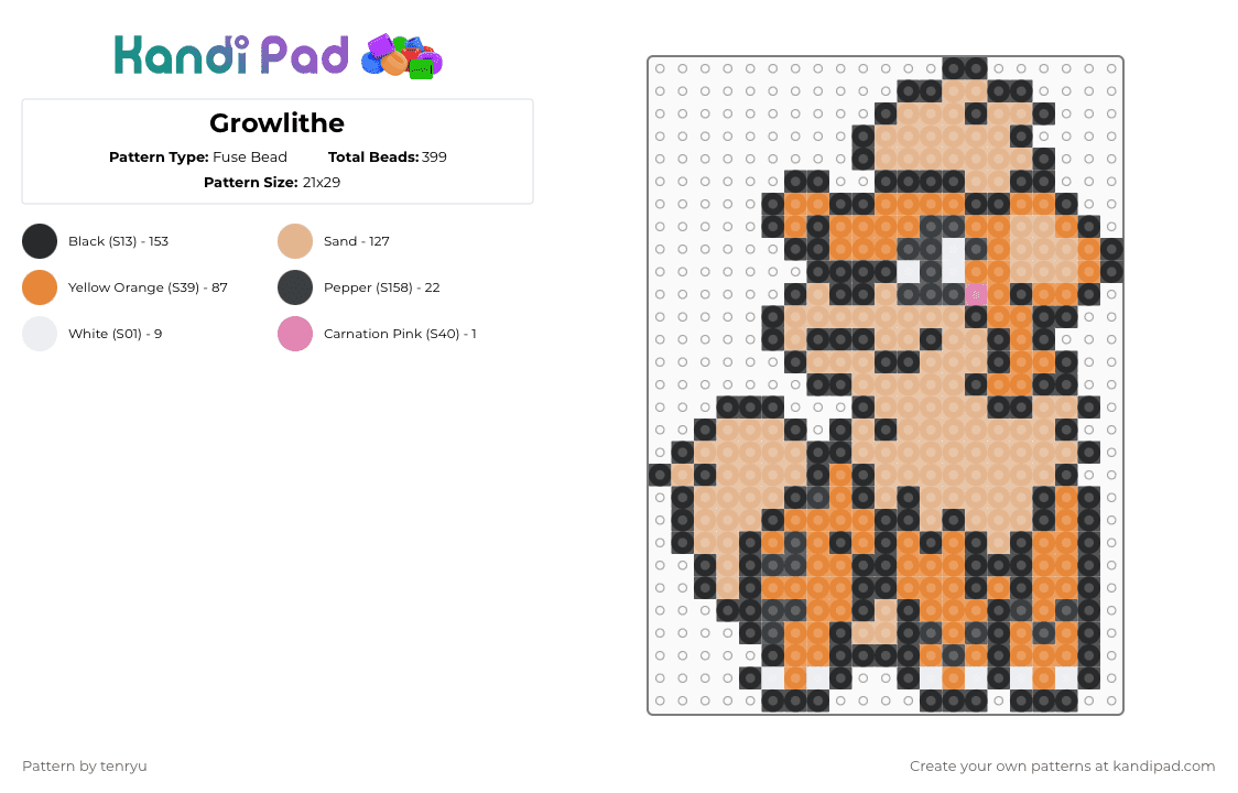 Growlithe - Fuse Bead Pattern by tenryu on Kandi Pad - beige,orange,pokemon