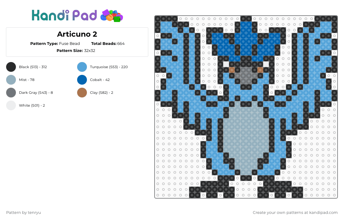 Articuno 2 - Fuse Bead Pattern by tenryu on Kandi Pad - black,light blue