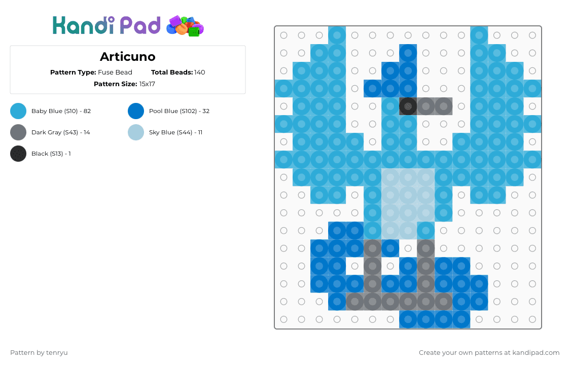Articuno - Fuse Bead Pattern by tenryu on Kandi Pad - light blue