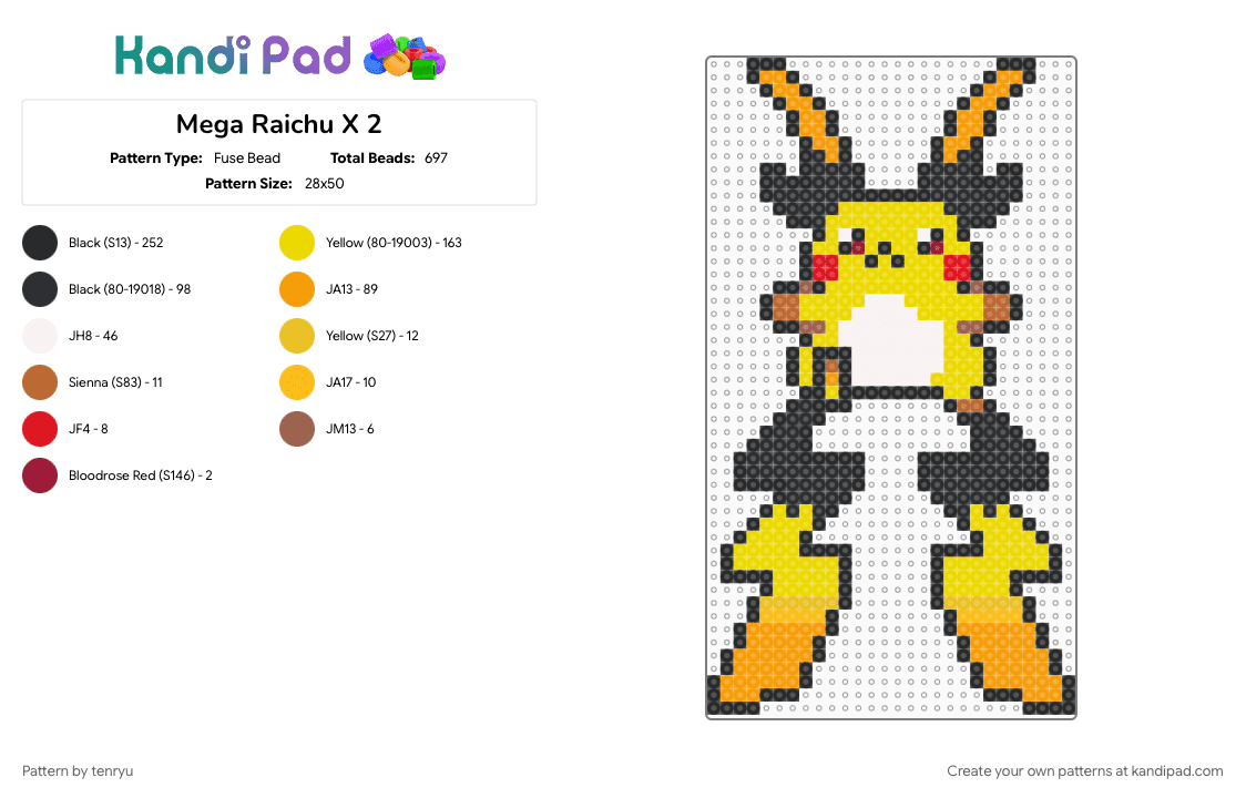 Mega Raichu X 2 - Fuse Bead Pattern by tenryu on Kandi Pad - 