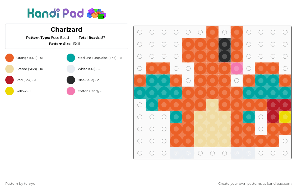 Charizard - Fuse Bead Pattern by tenryu on Kandi Pad - orange,teal