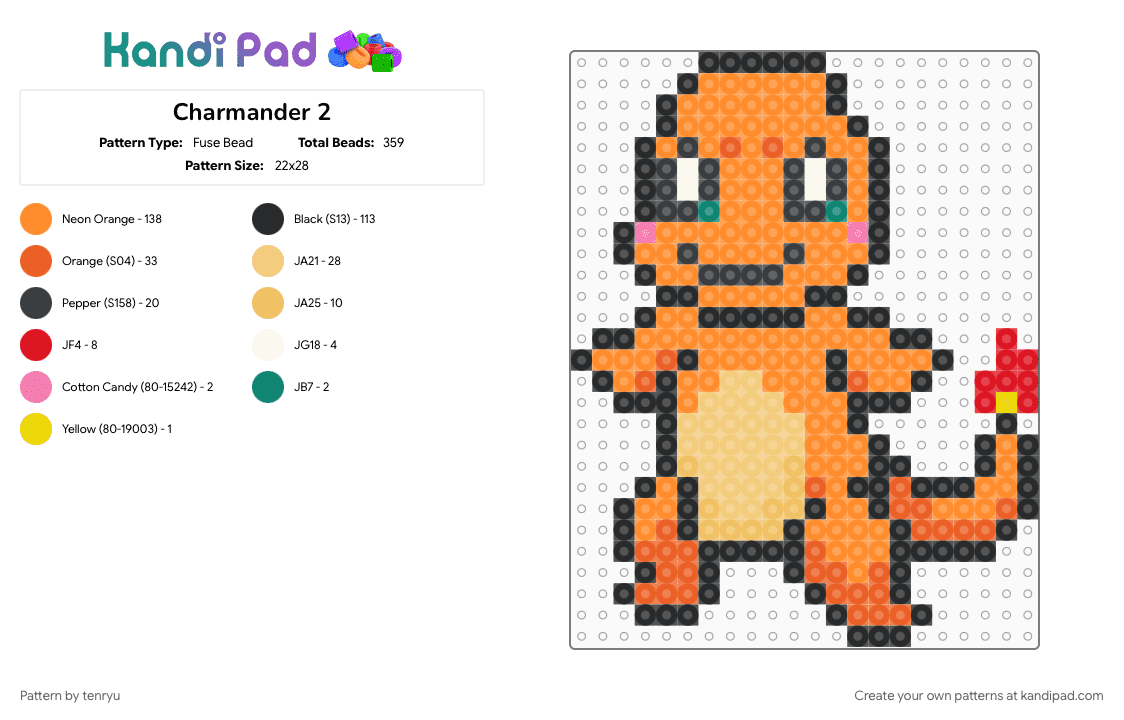 Charmander 2 - Fuse Bead Pattern by tenryu on Kandi Pad - orange, pokemon