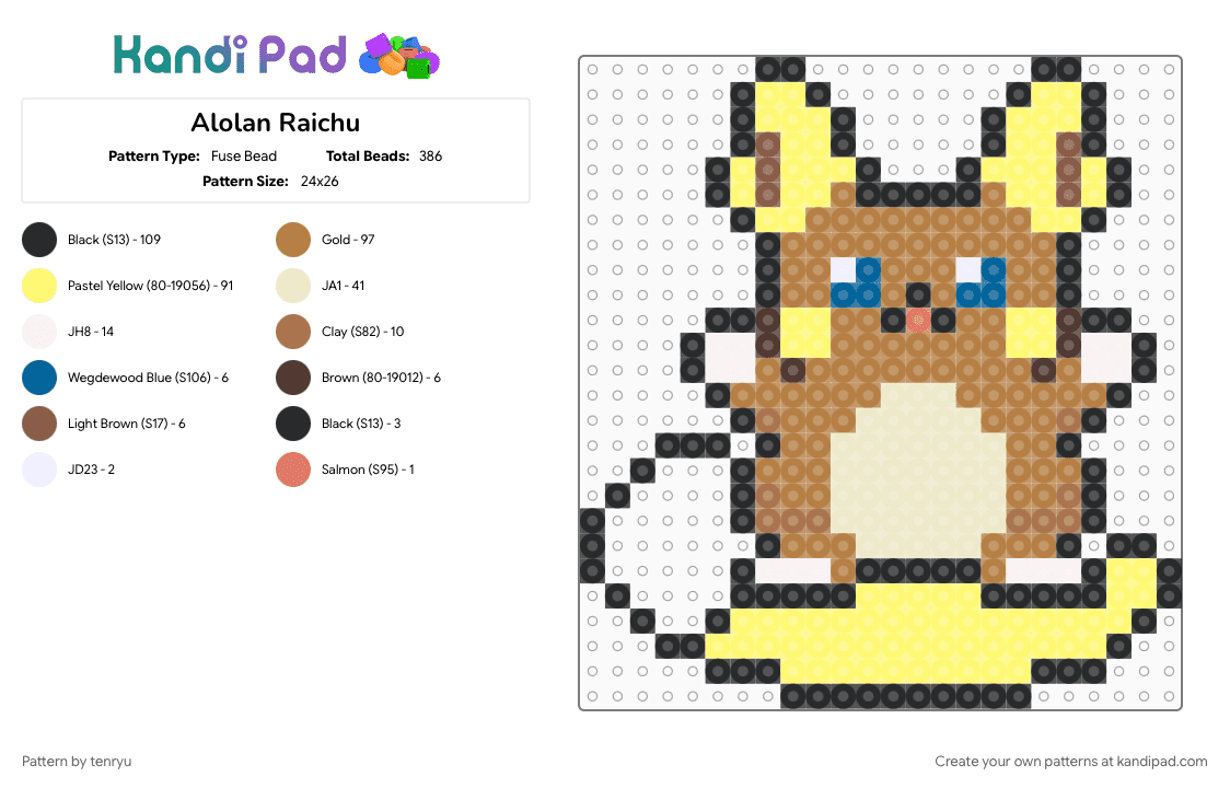Alolan Raichu - Fuse Bead Pattern by tenryu on Kandi Pad - 