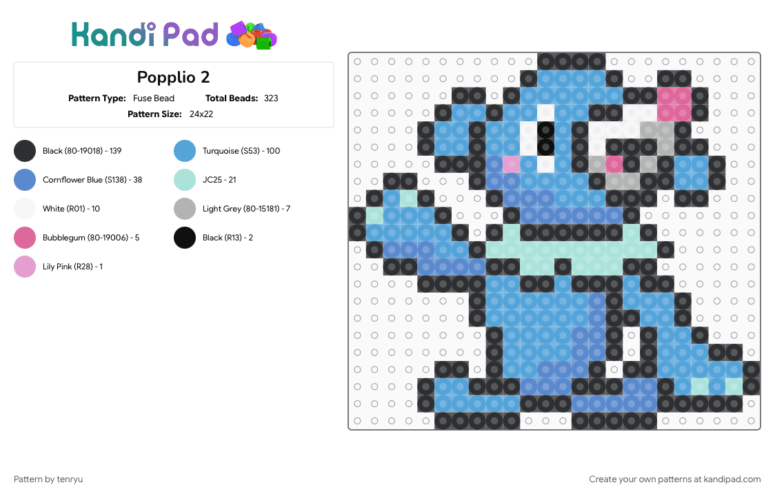 Popplio 2 - Fuse Bead Pattern by tenryu on Kandi Pad - light blue, pokemon