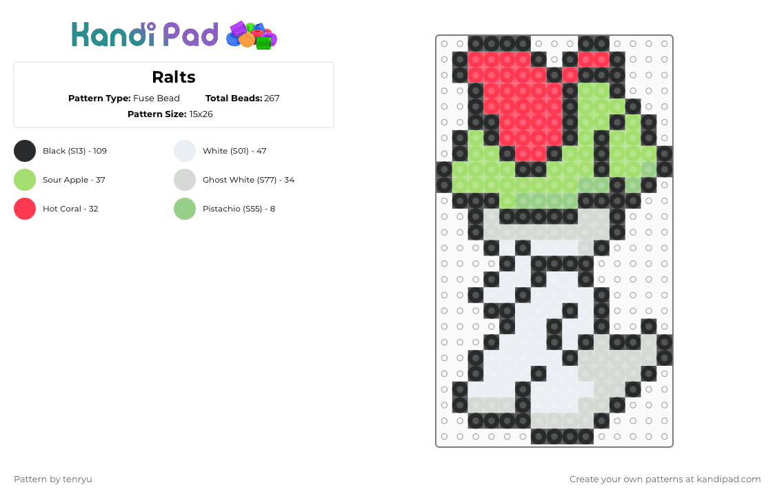 Ralts - Fuse Bead Pattern by tenryu on Kandi Pad - white,green,red,pokemon