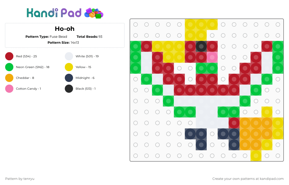 Ho-oh - Fuse Bead Pattern by tenryu on Kandi Pad - yellow,red,green