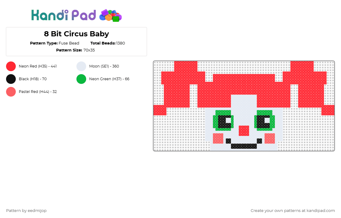 8 Bit Circus Baby - Fuse Bead Pattern by eedmijop on Kandi Pad - circus baby, fnaf, red, sister location