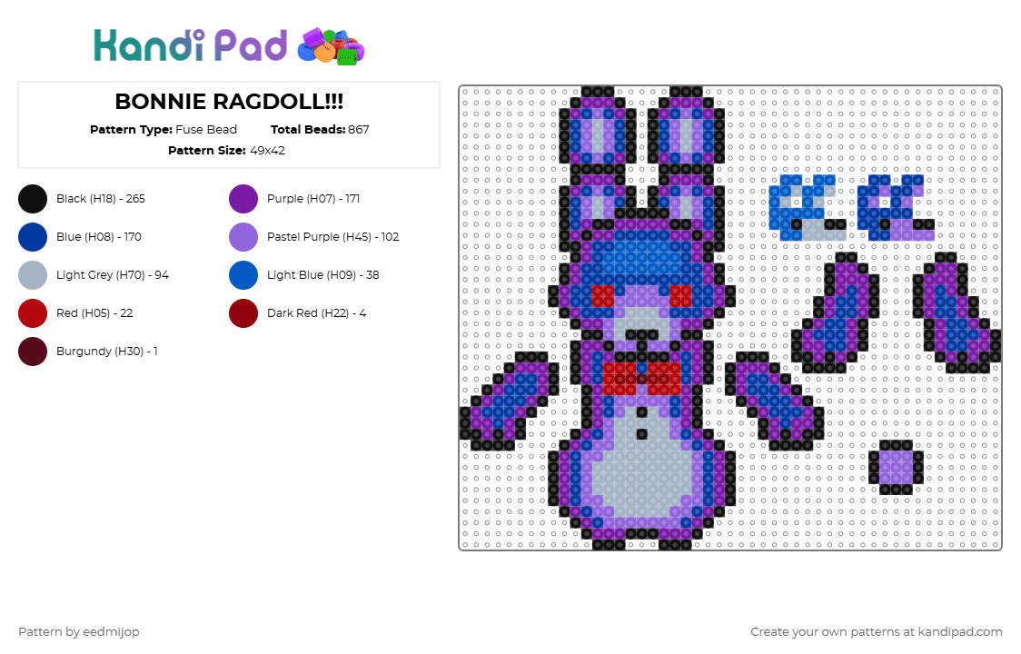 BONNIE RAGDOLL!!! - Fuse Bead Pattern by eedmijop on Kandi Pad - blue,purple,fnaf,five nights at freddys,bonnie,ragdoll,dangle,puppet