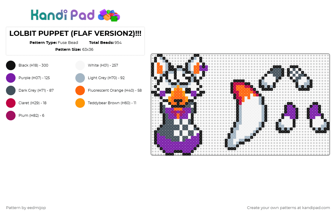 LOLBIT PUPPET (FLAF VERSION2)!!! - Fuse Bead Pattern by eedmijop on Kandi Pad - pink,purple,lolbit,fnaf,five nights at freddys,puppet,doll,dangle,ragdoll