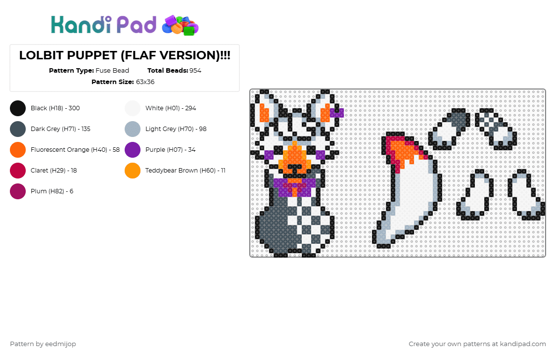 LOLBIT PUPPET (FLAF VERSION)!!! - Fuse Bead Pattern by eedmijop on Kandi Pad - pink,purple,lolbit,fnaf,five nights at freddys,puppet,dangle,doll,ragdoll
