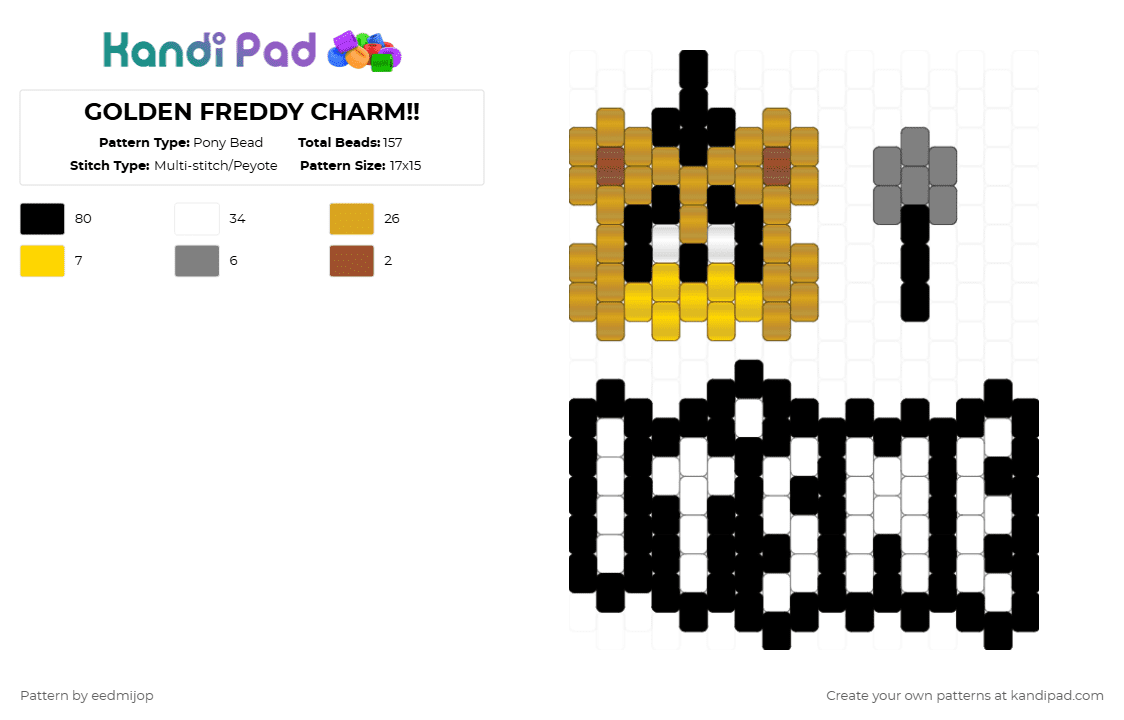 GOLDEN FREDDY CHARM!! - Pony Bead Pattern by eedmijop on Kandi Pad - black,white,orange,golden freddy,freddy fazbear,gold,its me,fnaf,five nights at freddys,cassidy,crying child