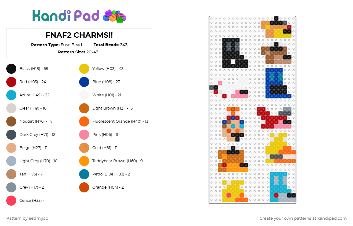 FNAF2 CHARMS!! - Fuse Bead Pattern by eedmijop on Kandi Pad - beige, charm, colorful, five nights at freddys, fnaf, light blue, orange, small