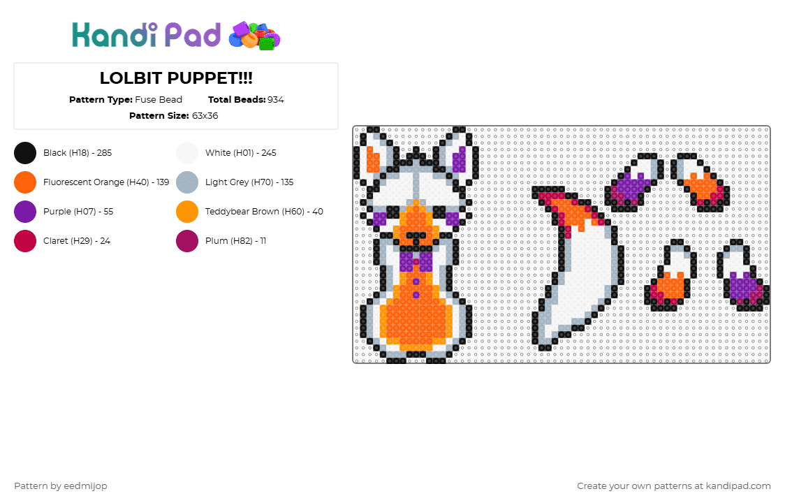 LOLBIT PUPPET!!! - Fuse Bead Pattern by eedmijop on Kandi Pad - pink,orange,lolbit,fnaf,puppet,doll,dangle,purple,ragdoll