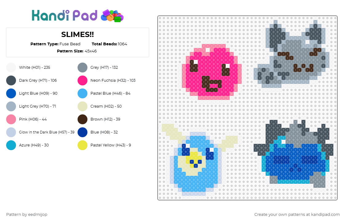 SLIMES!! - Fuse Bead Pattern by eedmijop on Kandi Pad - pink,purple,light blue,colorful,rock,phosphor,tabby,slime,rancher,blue,grey