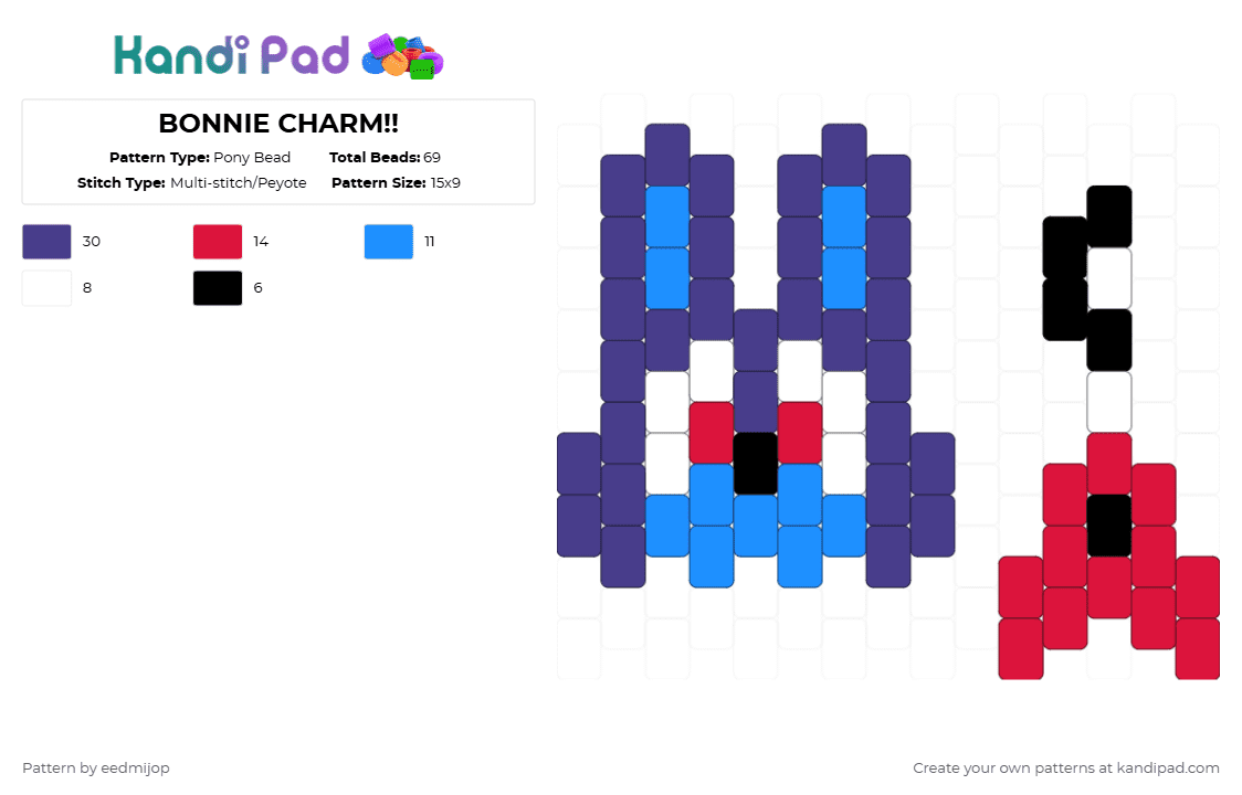 BONNIE CHARM!! - Pony Bead Pattern by eedmijop on Kandi Pad - purple,bonnie,guitar,blue,fnaf,five nights at freddys,charm,indigo