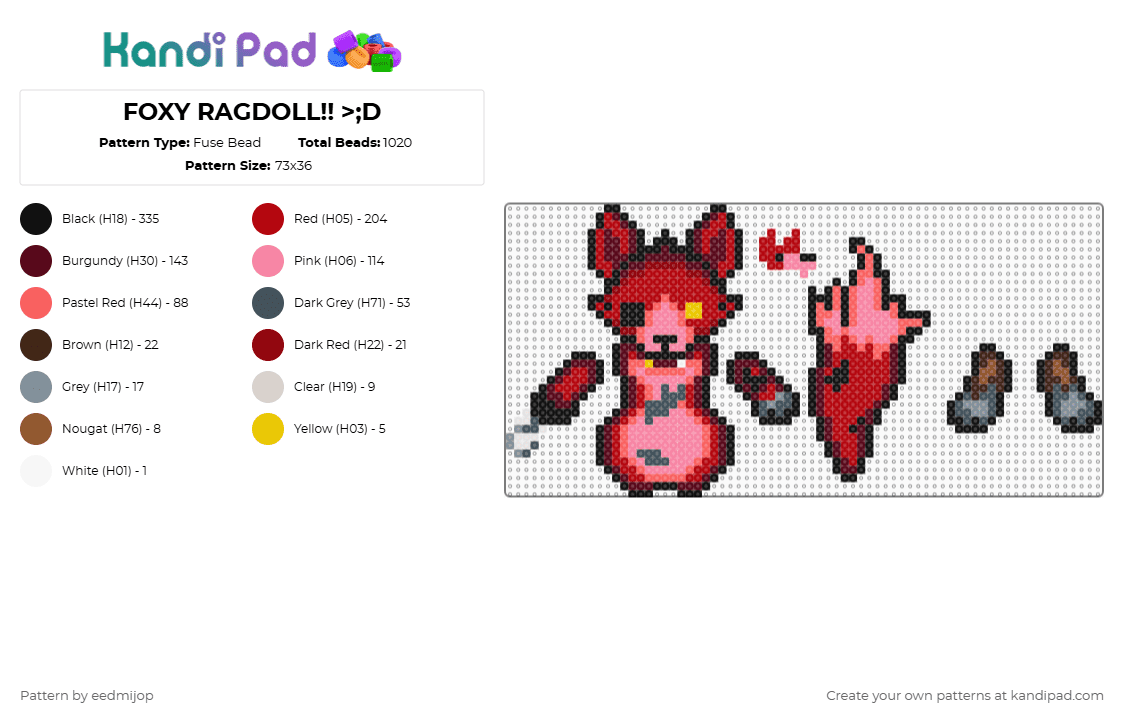 FOXY RAGDOLL!! >;D - Fuse Bead Pattern by eedmijop on Kandi Pad - red,brown,pink,fnaf,five nights at freddys,foxy,pirate,ragdoll,puppet,dangle