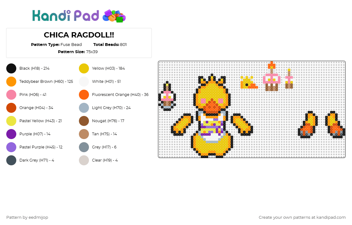 CHICA RAGDOLL!! - Fuse Bead Pattern by eedmijop on Kandi Pad - pink,yellow,orange,fnaf,five nights at freddys,chica,cupcake,ragdoll,puppet,dangle