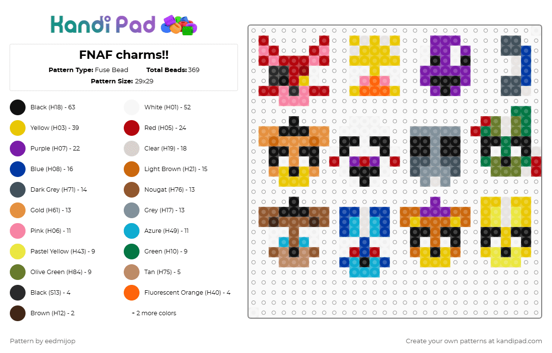 FNAF charms!! - Fuse Bead Pattern by eedmijop on Kandi Pad - yellow,orange,blue,purple,colorful,fnaf,five nights at freddys,charms,small,freddy,chica,foxy,bonnie