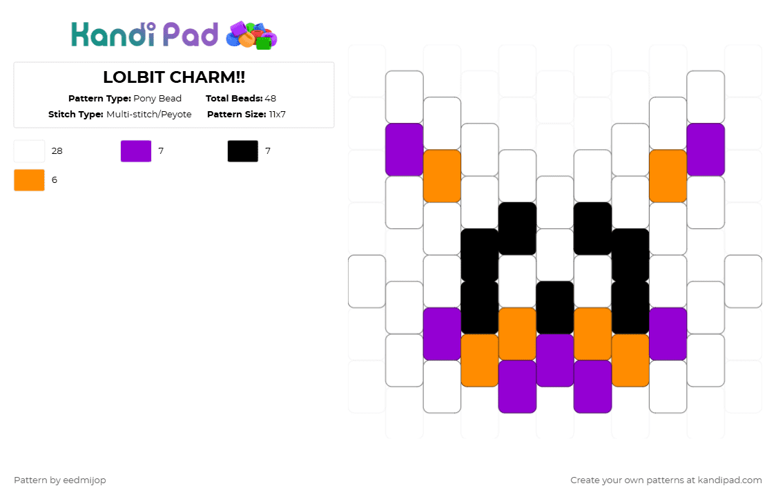 LOLBIT CHARM!! - Pony Bead Pattern by eedmijop on Kandi Pad - white,orange,purple,lolbit,charm,fnaf,small