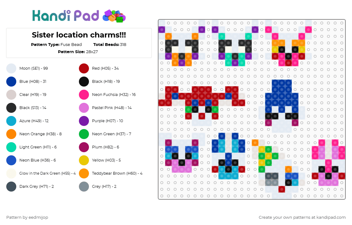 Sister location charms!!! - Fuse Bead Pattern by eedmijop on Kandi Pad - white,pink,red,blue,colorful,circus baby,lolbit,tangle,funtime foxy,funtime freddy,ballora,ennard,bon bon