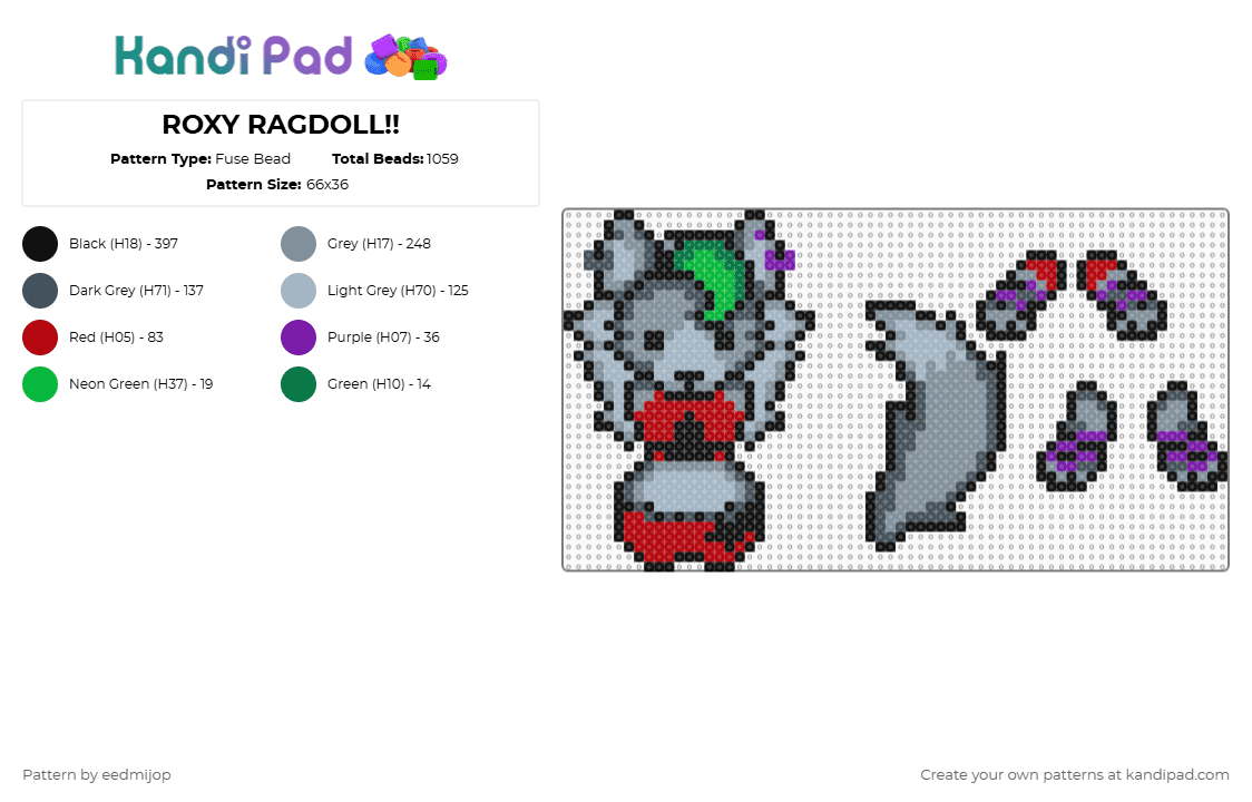 ROXY RAGDOLL!! - Fuse Bead Pattern by eedmijop on Kandi Pad - purple,gray,pink,roxy,roxanne,fnaf,five nights at freddys,ragdoll,puppet,doll,dangle