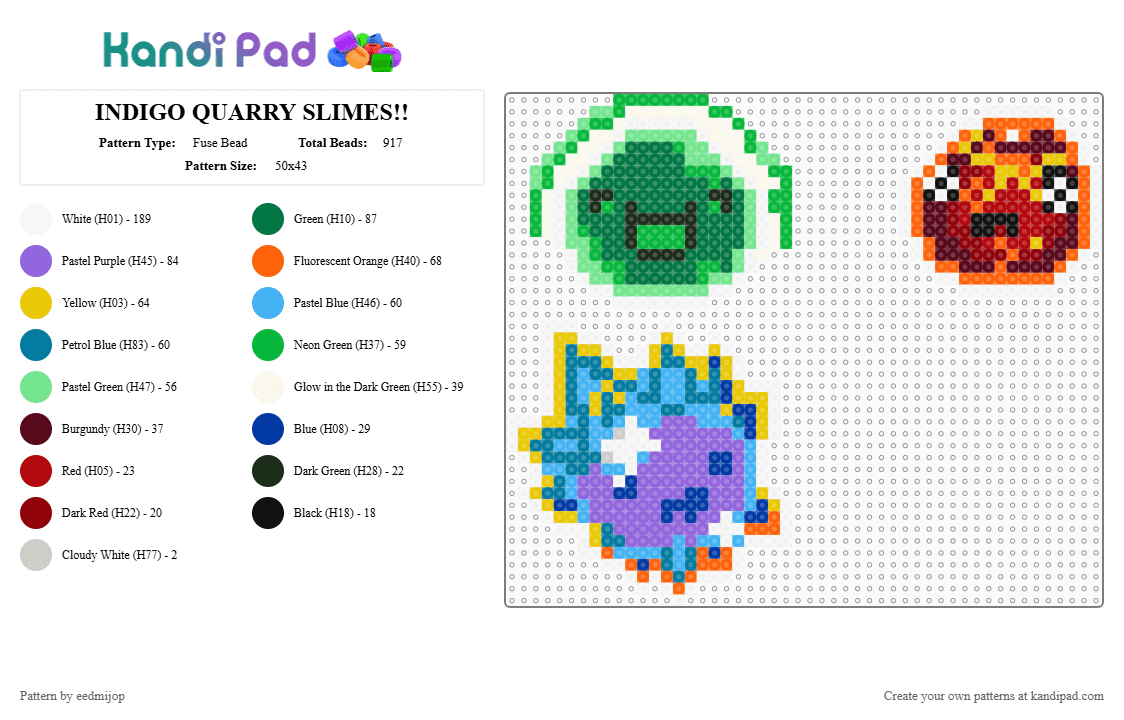 INDIGO QUARRY SLIMES!! - Fuse Bead Pattern by eedmijop on Kandi Pad - green,yellow,blue,colorful,slime,rancher,rad,crystal,boom,red,indigo