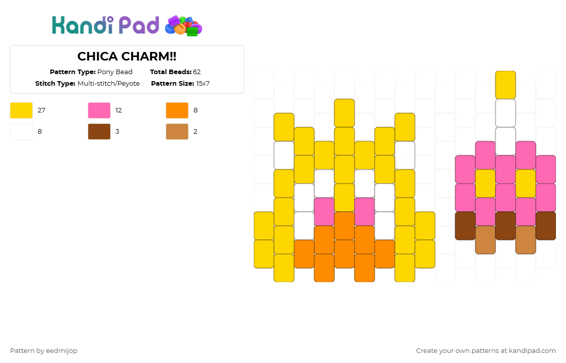 CHICA CHARM!! - Pony Bead Pattern by eedmijop on Kandi Pad - yellow,chica,cupcake,carl,fnaf,five nights at freddys,pink,charm