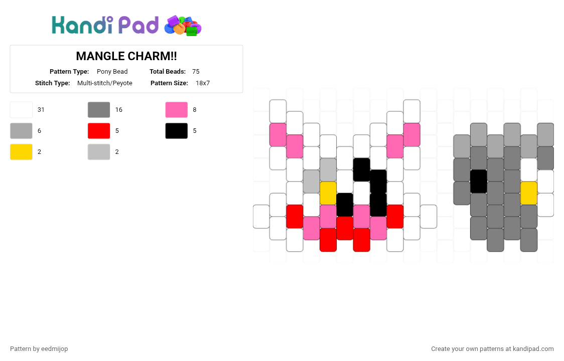 MANGLE CHARM!! - Pony Bead Pattern by eedmijop on Kandi Pad - white,pink,beige,gray,mangle,fnaf,five nights at freddys,charm
