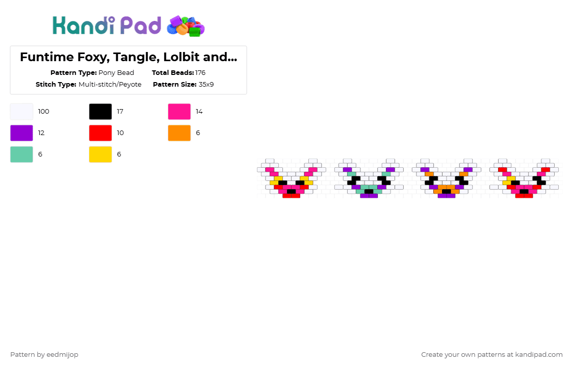 Funtime Foxy, Tangle, Lolbit and Mangle charms!!! - Pony Bead Pattern by eedmijop on Kandi Pad - white,purple,pink,red,lolbit,tangle,funtime foxy,mangle,fnaf,charm,small