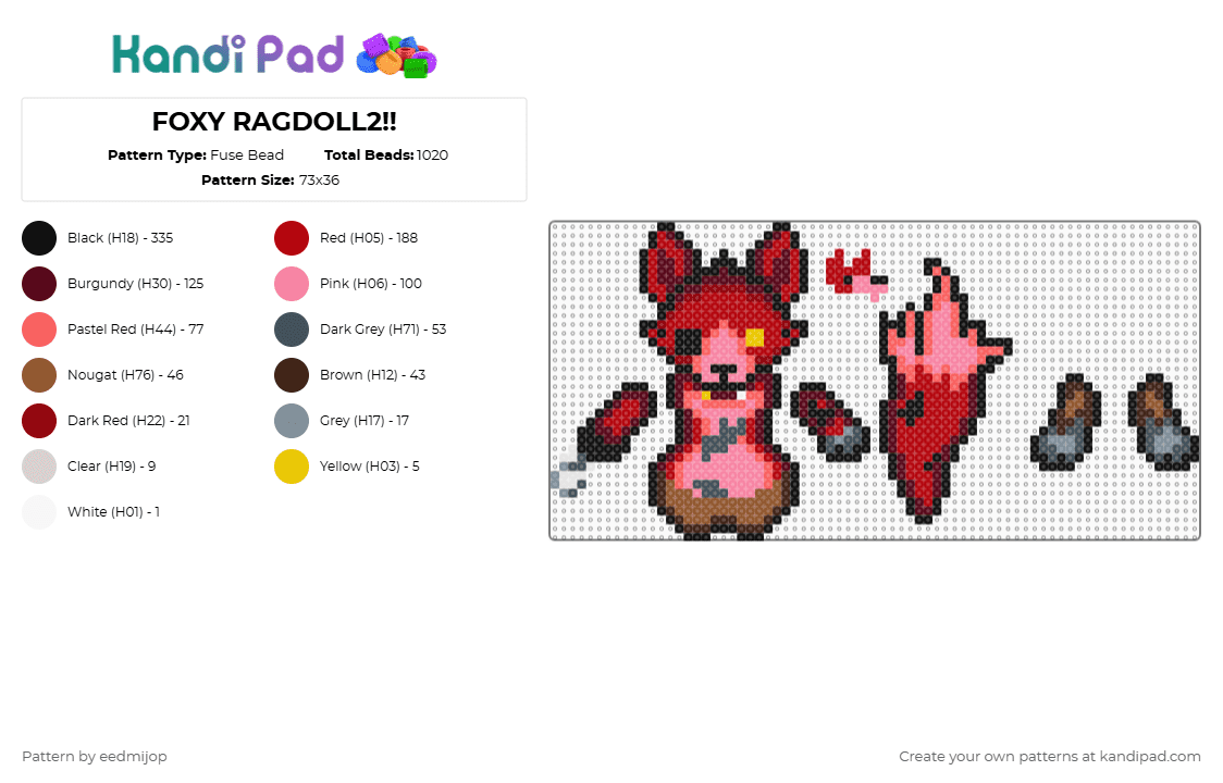 FOXY RAGDOLL2!! - Fuse Bead Pattern by eedmijop on Kandi Pad - red,brown,pink,fnaf,five nights at freddys,foxy,pirate,ragdoll,dangle,puppet