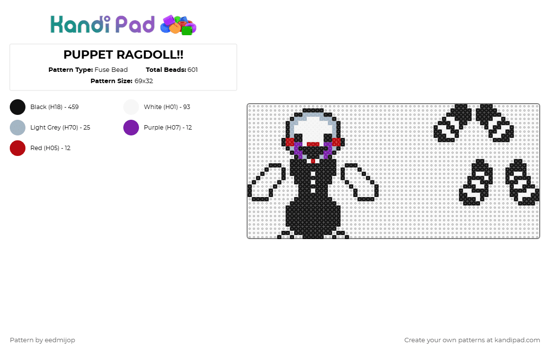 PUPPET RAGDOLL!! - Fuse Bead Pattern by eedmijop on Kandi Pad - black,white,pink,puppet,dangle,marionette,ragdoll,fnaf,five nights at freddys