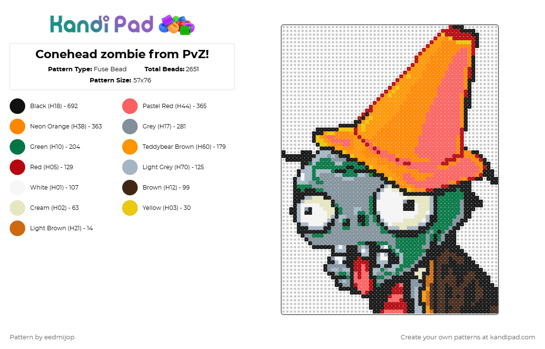 Conehead zombie from PvZ! - Fuse Bead Pattern by eedmijop on Kandi Pad - red,orange,gray,green,pvz,plants vs zombies,zombie,conehead,traffic cone