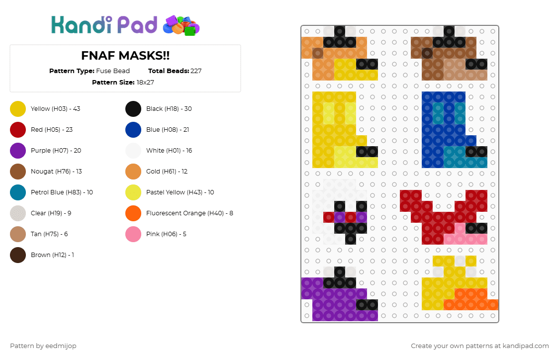 FNAF MASKS!! - Fuse Bead Pattern by eedmijop on Kandi Pad - blue,yellow,orange,purple,colorful,fnaf,five nights at freddys,small,charm