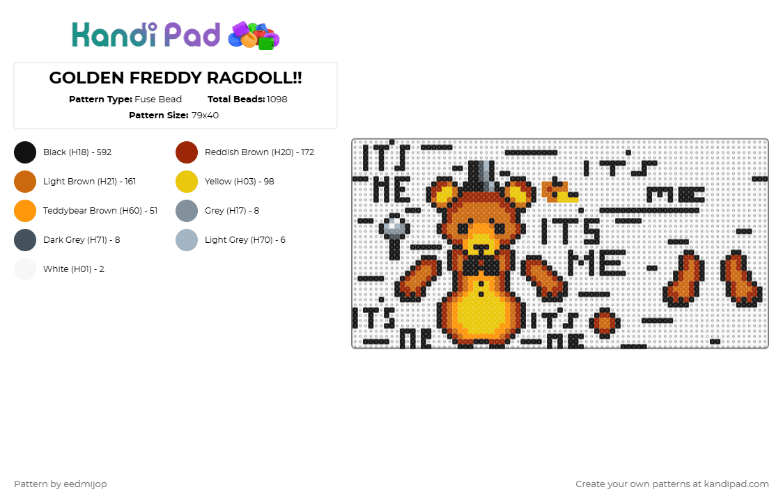 GOLDEN FREDDY RAGDOLL!! - Fuse Bead Pattern by eedmijop on Kandi Pad - black,red,orange,yellow,fnaf,five nights at freddys,freddy,ragdoll,dangle,puppet