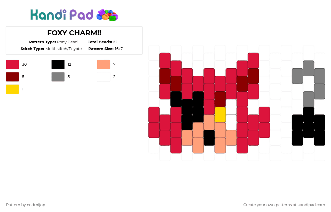 FOXY CHARM!! - Pony Bead Pattern by eedmijop on Kandi Pad - red,foxy,pirate,hook,fnaf,five nights at freddys,charm