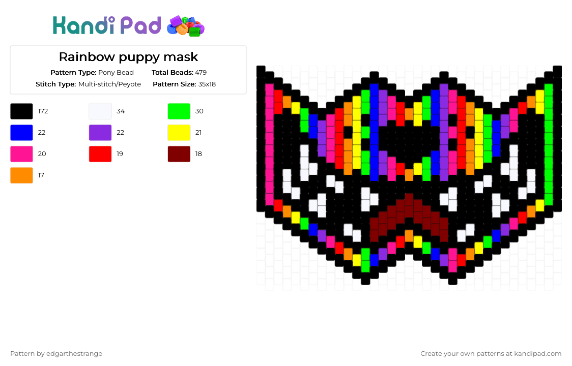 Rainbow puppy mask - Pony Bead Pattern by edgarthestrange on Kandi Pad - black,green,purple,pink