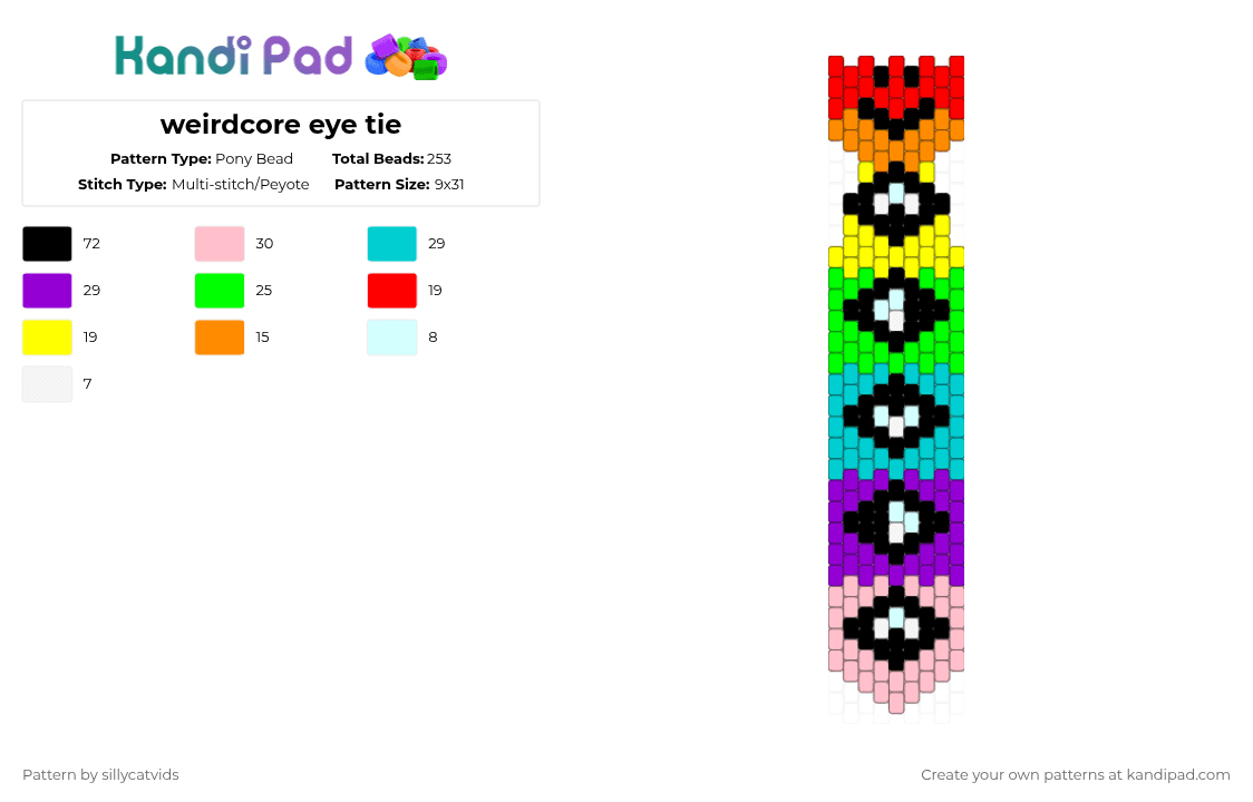 weirdcore eye tie - Pony Bead Pattern by sillycatvids on Kandi Pad - green,light blue,pink,purple