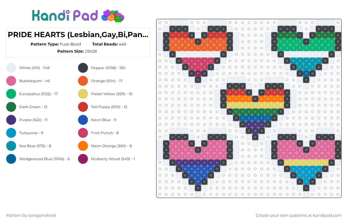 PRIDE HEARTS (Lesbian,Gay,Bi,Pan,Queer) - Fuse Bead Pattern by sorogonshoot on Kandi Pad - white,orange,pink,green