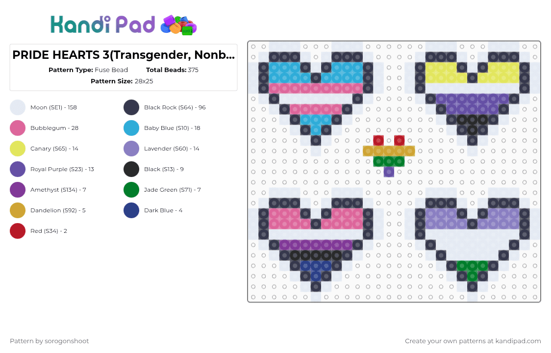 PRIDE HEARTS 3(Transgender, Nonbinary ,Genderfluid,genderqueer) - Fuse Bead Pattern by sorogonshoot on Kandi Pad - white,purple,pink