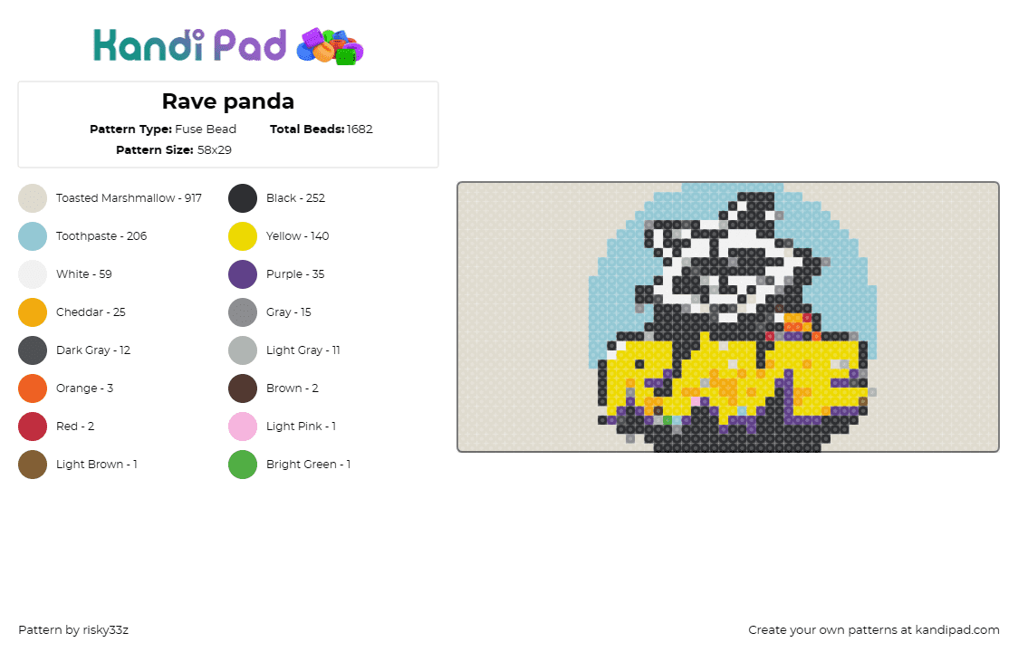 Rave panda - Fuse Bead Pattern by risky33z on Kandi Pad - panda,animal,rave,party,vibrant,music lovers,yellow,purple,energetic