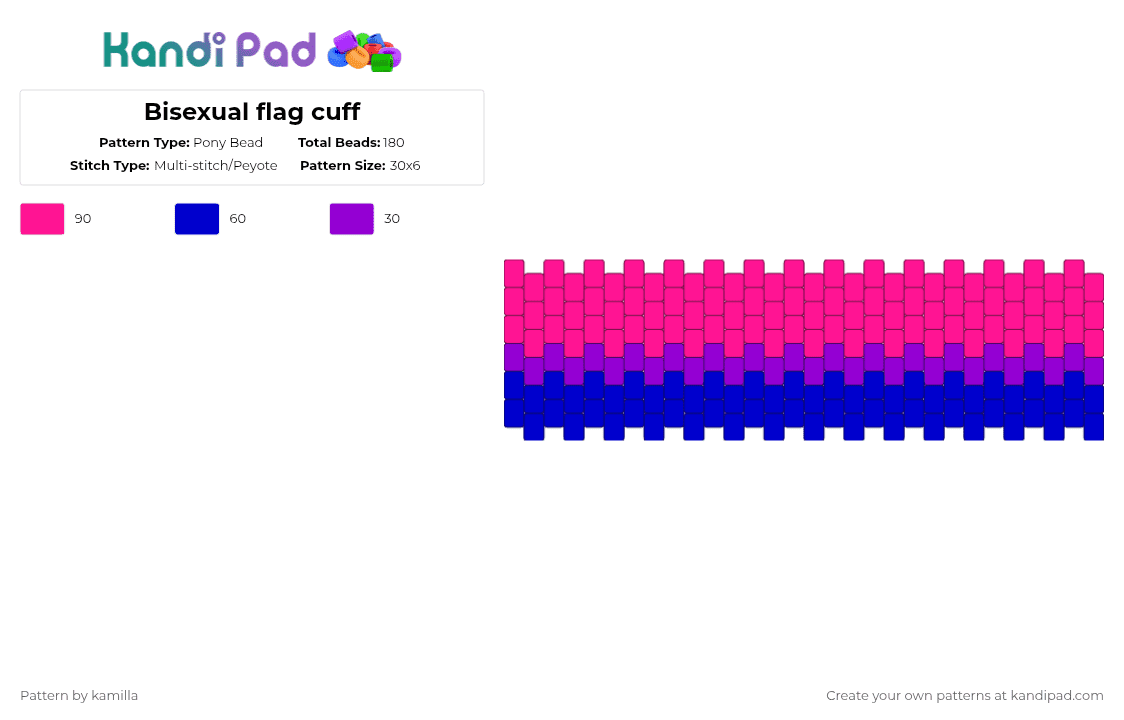 Bisexual flag cuff - Pony Bead Pattern by kamiwashere on Kandi Pad - pink,purple
