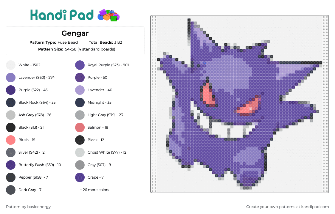 Gengar - Fuse Bead Pattern by basicenergy on Kandi Pad - gengar,gastly,pokemon,mischievous,purple,sly grin,iconic,series,fans