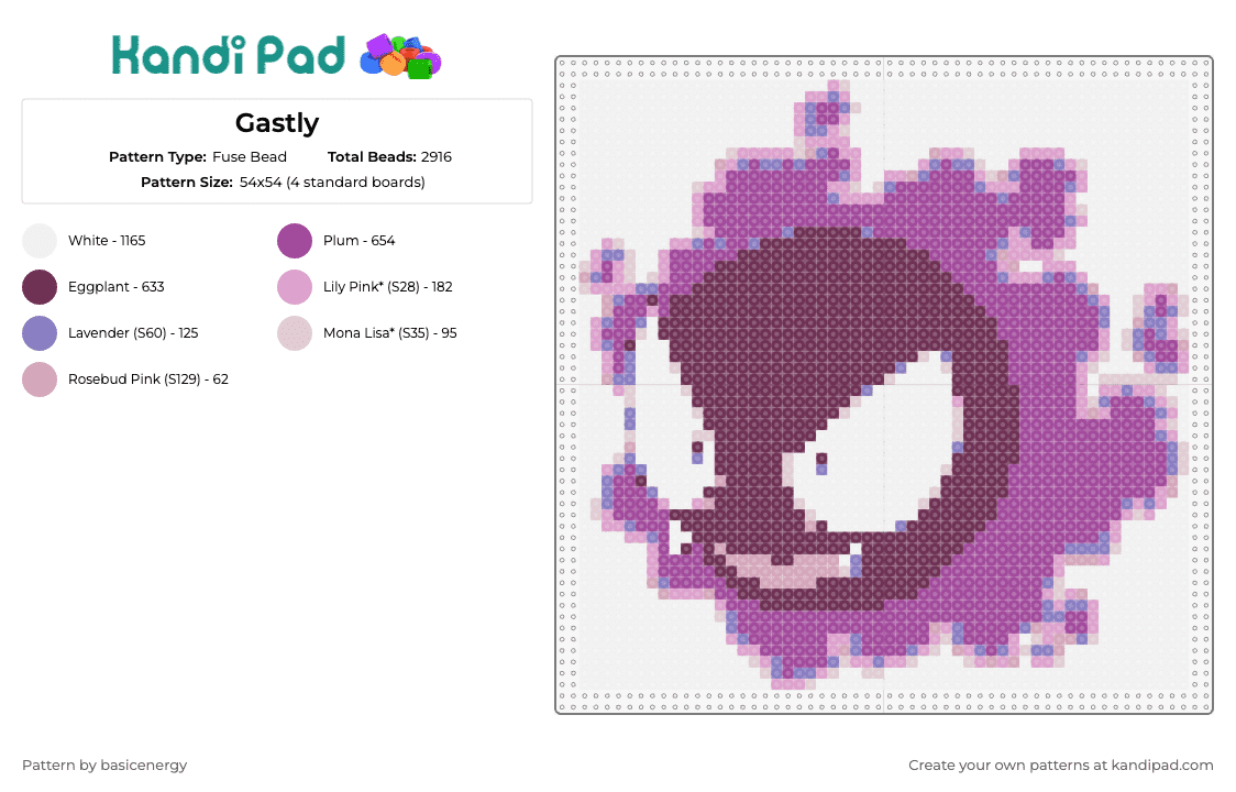 Gastly - Fuse Bead Pattern by basicenergy on Kandi Pad - gastly,pokemon,spectral,purple aura,hauntingly delightful,collection,enthusiast,eerie,lavender