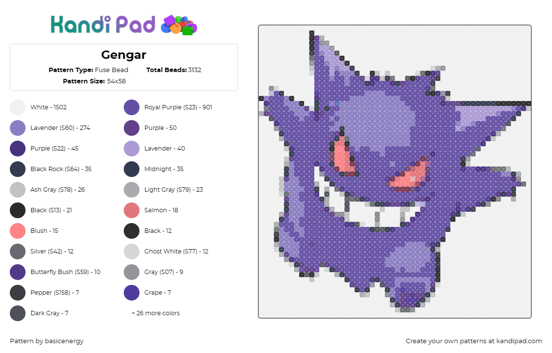 Gengar - Fuse Bead Pattern by basicenergy on Kandi Pad - gengar,gastly,pokemon,mischievous,purple,sly grin,series