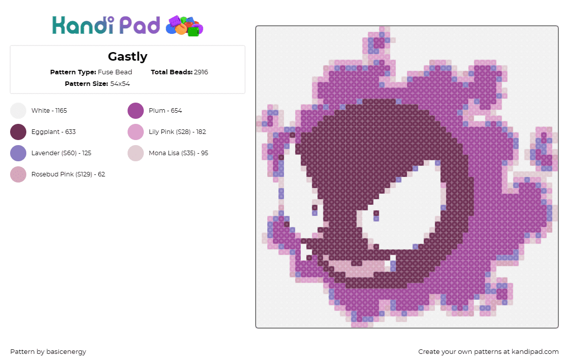 Gastly - Fuse Bead Pattern by basicenergy on Kandi Pad - gastly,pokemon,spectral,purple aura,hauntingly delightful,eerie,lavender