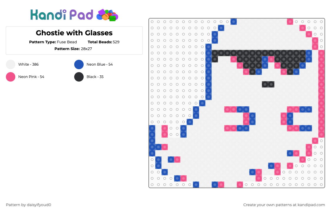 Ghostie with Glasses - Fuse Bead Pattern by daisyifyoud0 on Kandi Pad - white,blue,pink,ghost,ghostie